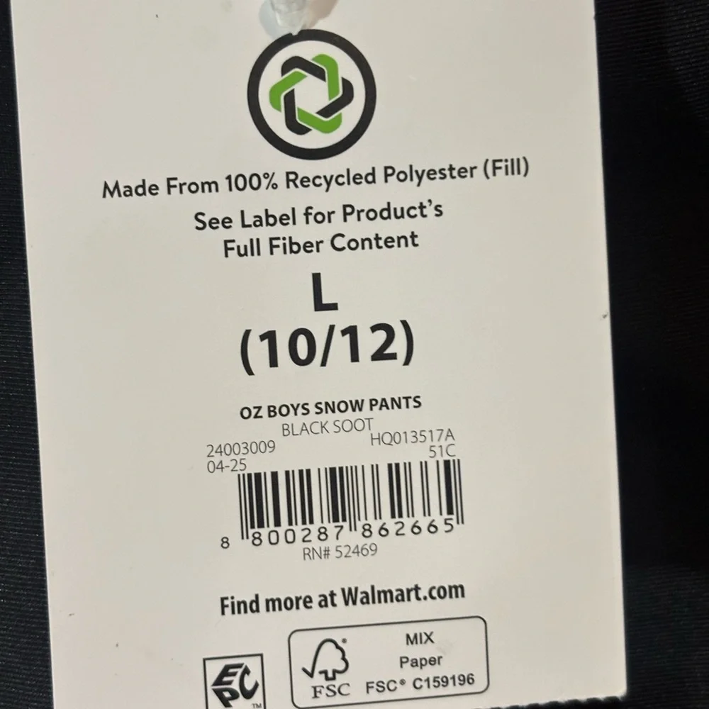 Ozark Trail Youth Size Large 10/12 Snow Pants Black NWT Wind Water Repellent